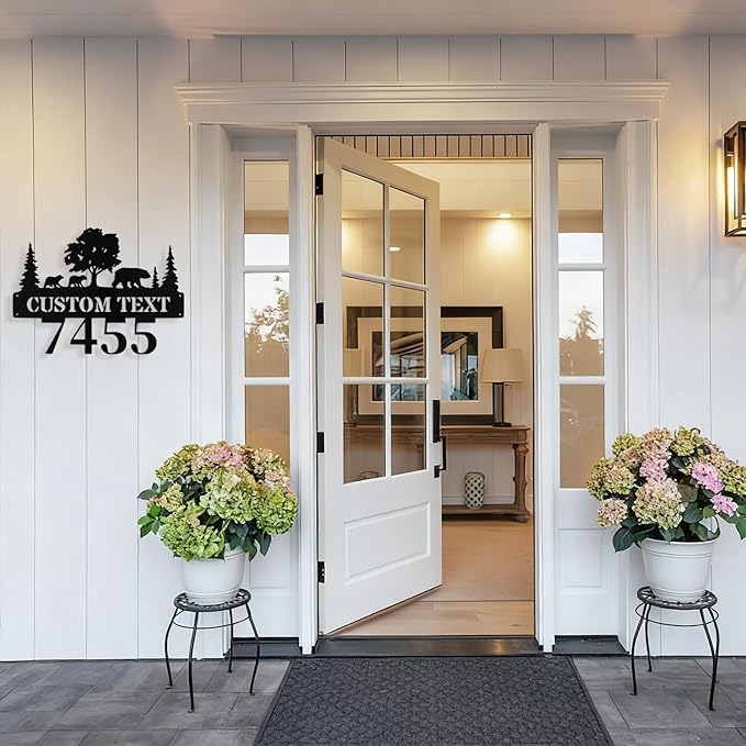 Custom Bear Metal House Number Sign Outside, Personalized Metal Address Signs Plague for Houses, Rustic Farmhouse Home Porch Yard Decor