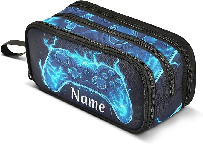 BOENLE Custom Joystick Gamepad Blue Flame Pencil Case Box Boys Girls Personalized Name Large Pencil Pouch Stationery Pen Bag Organizer for Kids Adults School Office