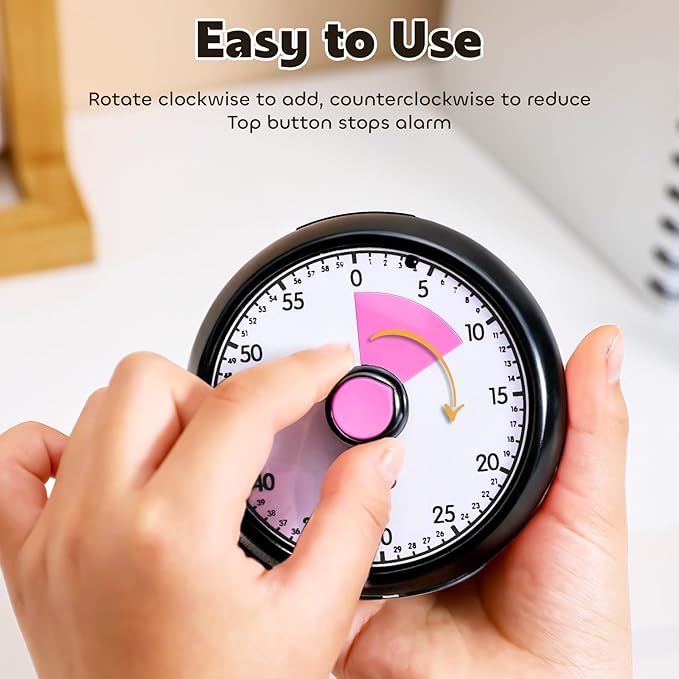 Visual Timer for Kids 60-Minute Countdown Timer with Optional Alarm, Focus Tool for ADHD & Autism, Time Management for Homework, Chores, Office, Kitchen, Teaching & Study Routines (Black Pink)