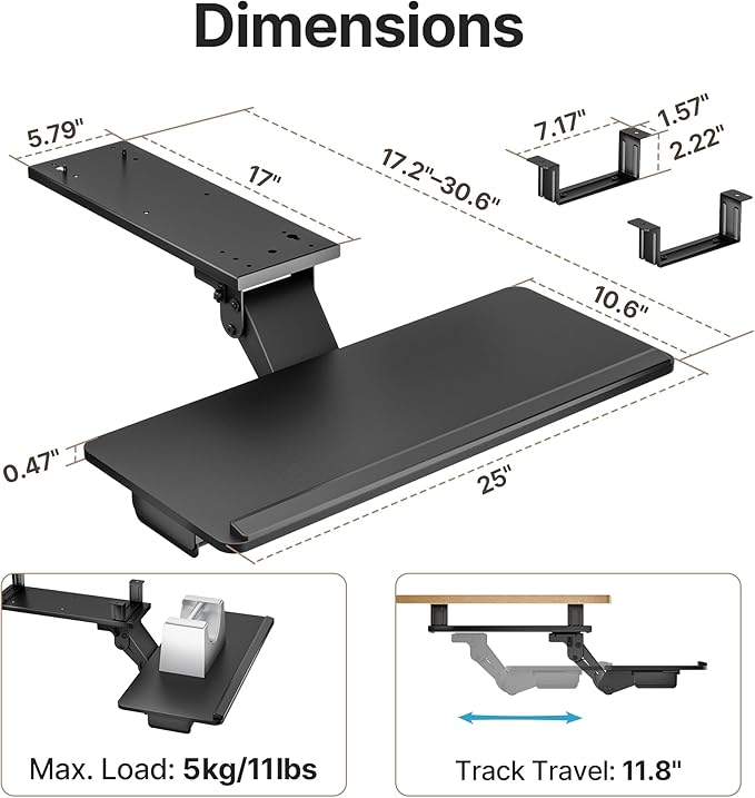 PEGZONE Keyboard Tray Under Desk with Storage Drawer, Height Adjustable Keyboard Tray Slide Out Swivel Tilt, Ergonomic Under Desk Mount Keyboard & Mouse Holder for Gaming Home Office, 25x11'', Black