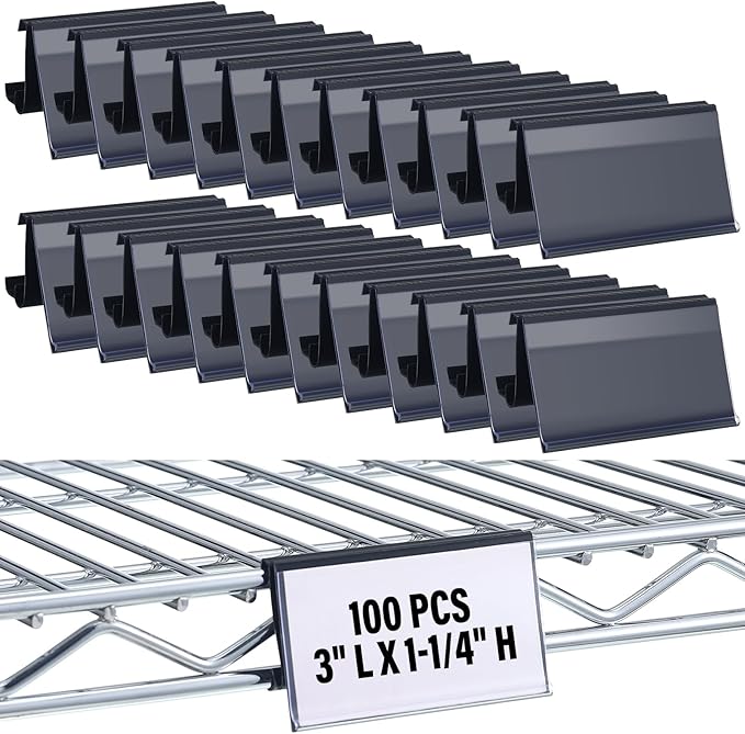 Kathfly 100 Pcs Wire Shelf Label Holders Compatible with Metro 1-1/4in Shelves, Plastic Wire Rack Label Holder 3 l x 1.25 H Price Tag Shelf Clips On, Black