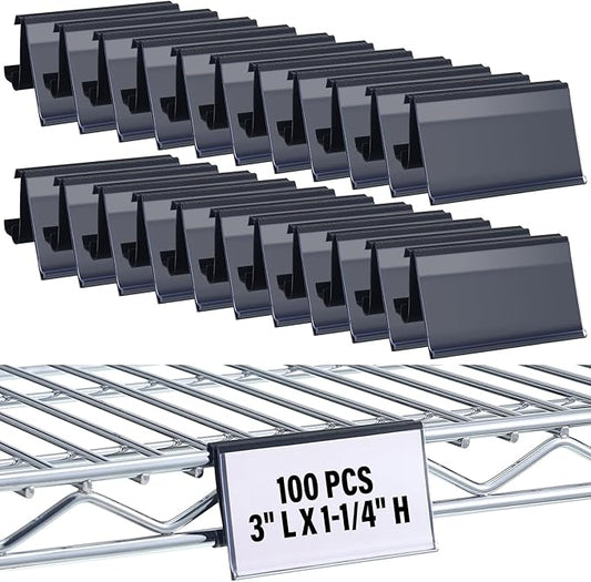 Kathfly 100 Pcs Wire Shelf Label Holders Compatible with Metro 1-1/4in Shelves, Plastic Wire Rack Label Holder 3 l x 1.25 H Price Tag Shelf Clips On, Black