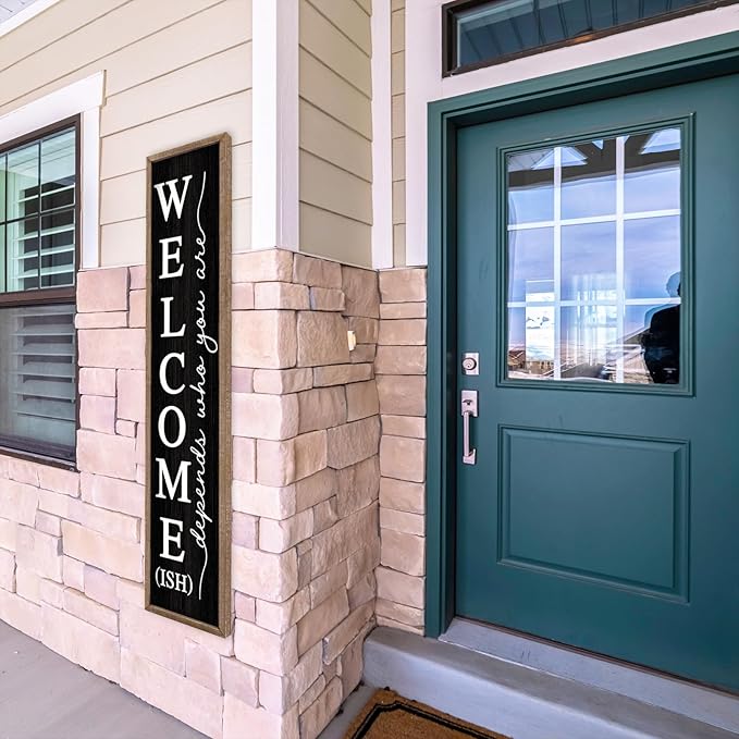 LuZhiQiang Welcome-ish Standing for Front Porch Sign 45"X9" Vertical Tall Long Leaner Outdoor Front Door Welcome Sign Wood Framed Decor (Wood Black)