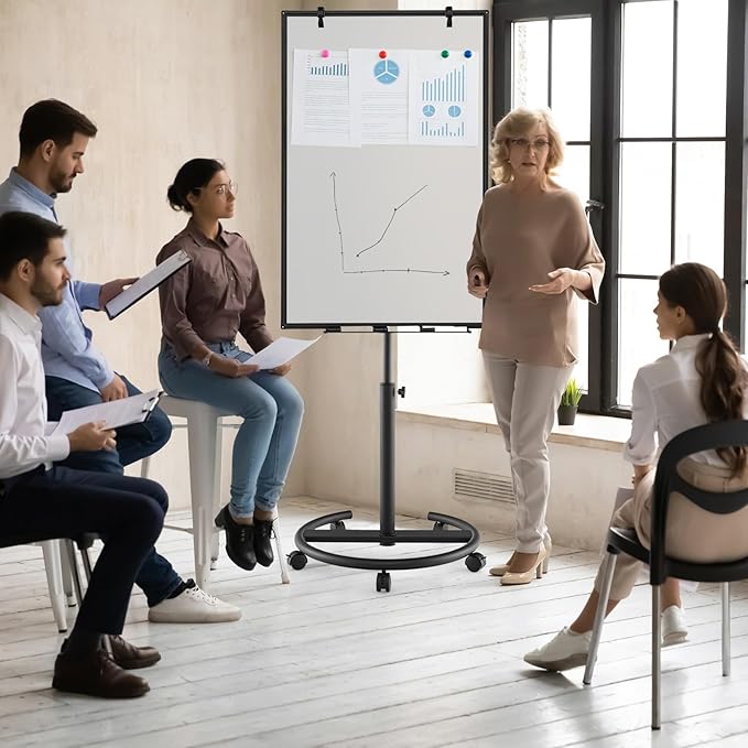 Goplus 40” x 26” Rolling Whiteboard, Height Adjustable Magnetic Dry Erase Board on Wheels with Round Stand, Paper Clips, Storage Tray, Paper Pad, Magnets, Markers, Mobile White Board for Office School
