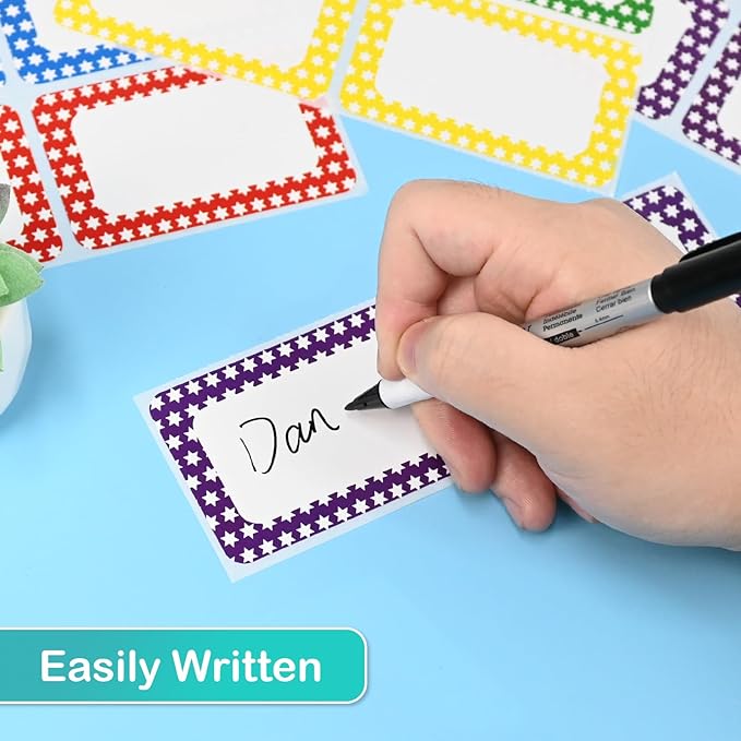 L LIKED 200 Name Tags Stickers, Colorful Star Border, 3.5" x 2.25" Name Labels for School Office Home (200 Labels)