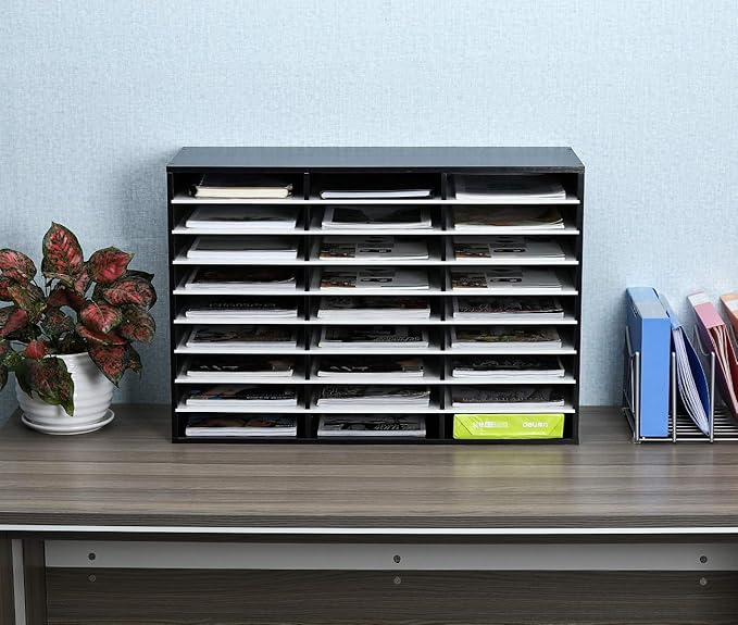 EasyPAG Wooden Literature Organizer with Adjustable Shelves, 27 Compartments Office Paper Organizer Storage 13500 Sheets Letter Size Paper, Student Mailbox for Classroom, Black/White