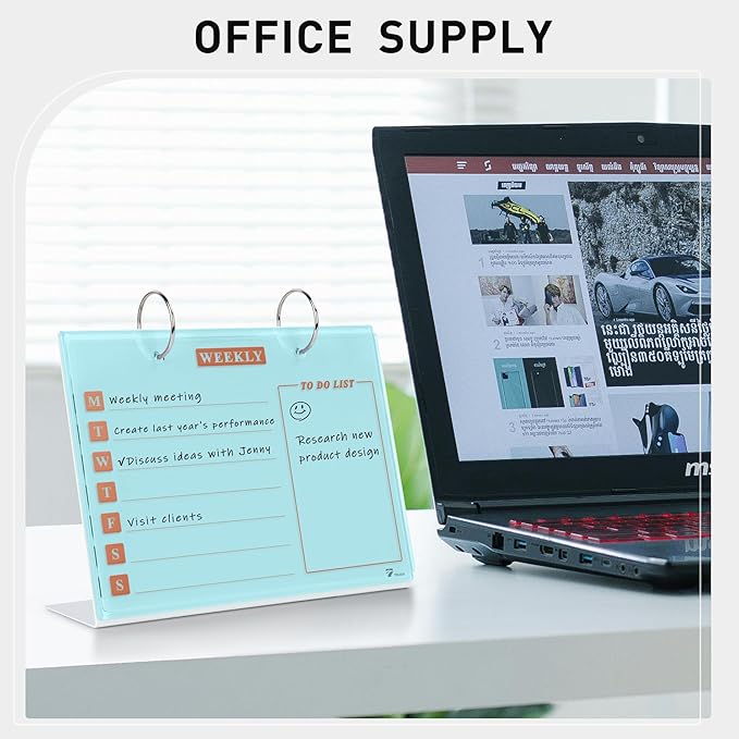 Desktop Glass Dry Erase & Acrylic Aesthetic Calendar Weekly to-do List Combo, Small Magnetic Standing Whiteboard, Desk Flip Easel Calendar with Accessories for Home Office Supply, Aqua Blue, 9 x 7''