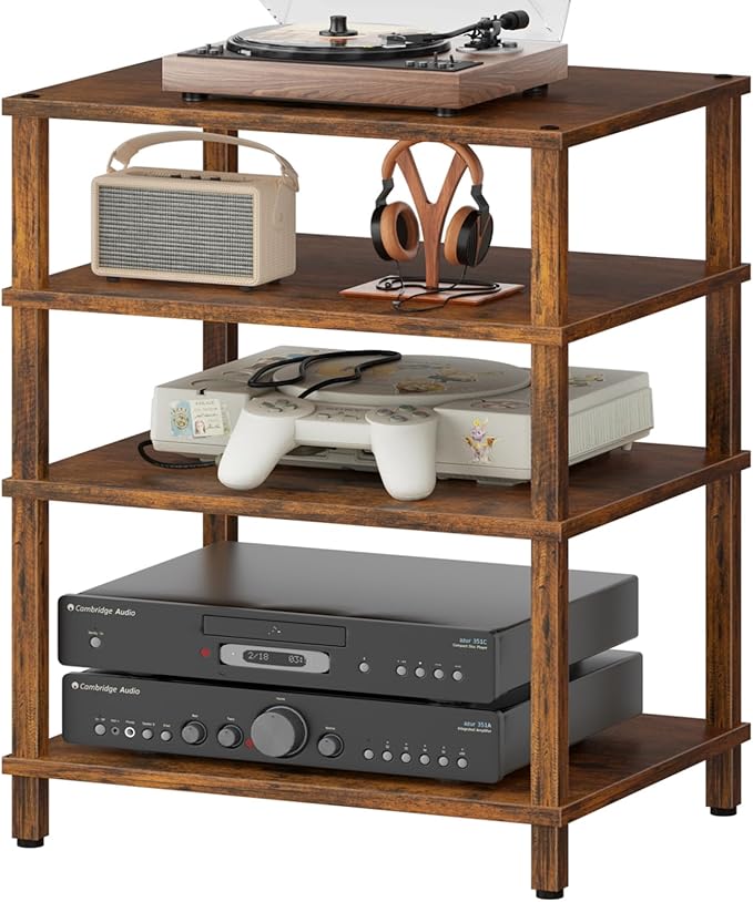 4-Tier AV Media Player Stand, Brown Stereo Cabinet, Modern Stereo Cabinet, Wooden TV Stand,Game Console Shelf, Multifunctional Entertainment Center, Suitable for Home, Conference Room, Game Studio
