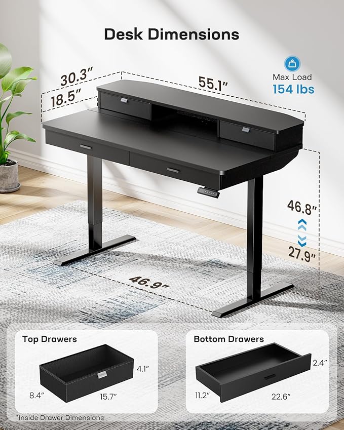 HUANUO 55 x 30 inch Electric Standing Desk with Wood Drawers,Stand up Home Office Desk Adjustable Height with Two Tiers, Ergonomic Stand up Desk with Monitor Stand, Black