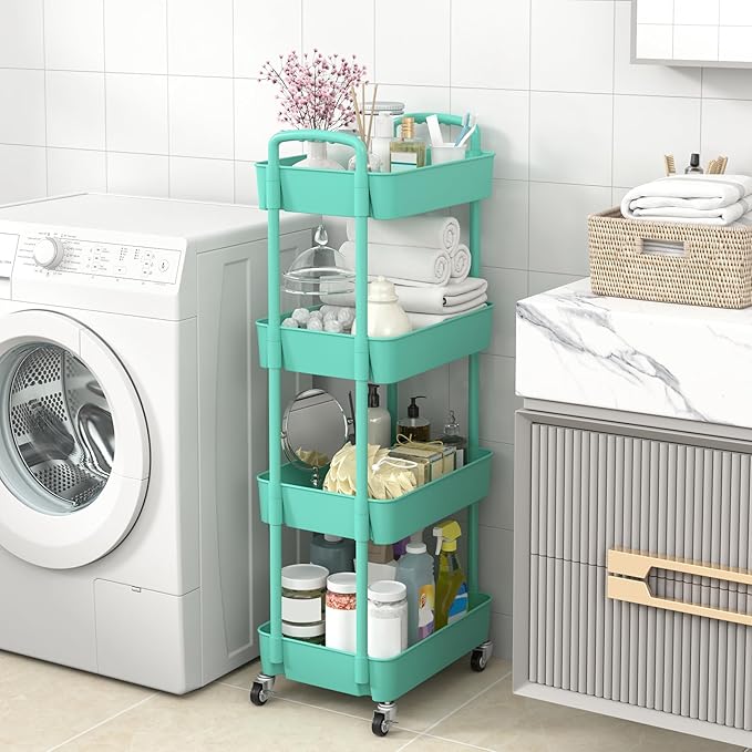 Sywhitta 4-Tier Plastic Rolling Utility Cart with Handle, Multi-Functional Storage Trolley for Office, Living Room, Kitchen, Movable Storage Organizer with Wheels, Green
