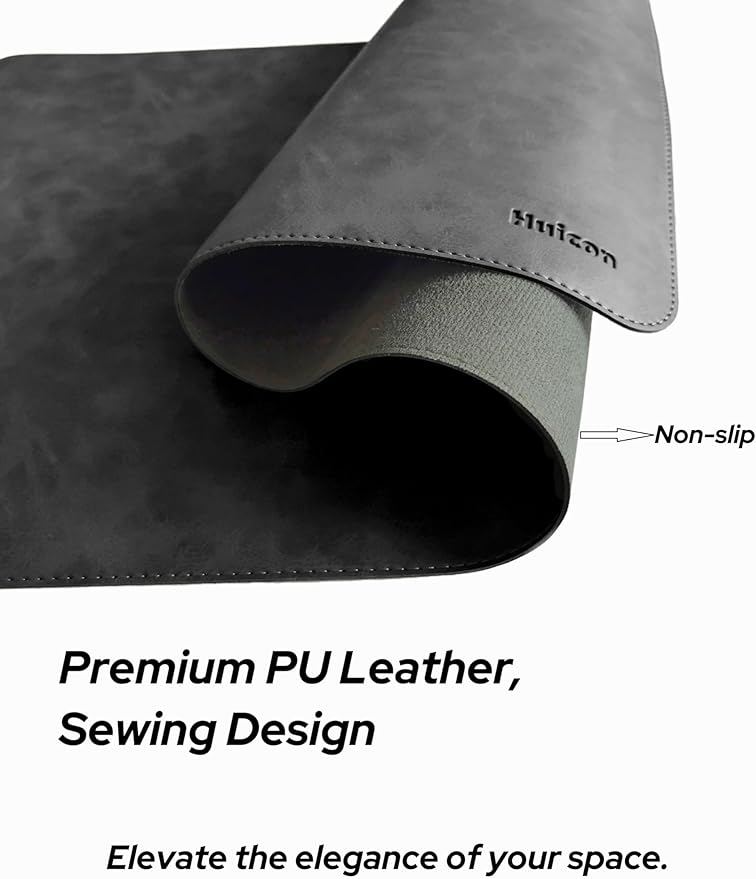 Huicon Faux Leather Desk Mat, 31.5"x15.7" Non-Slip PU Leather Desk Pad, 2mm Thick Desk Blotter with Stiched line, Retro Large Mouse Pad, Laptop Pad for Office & Home Use (Black)