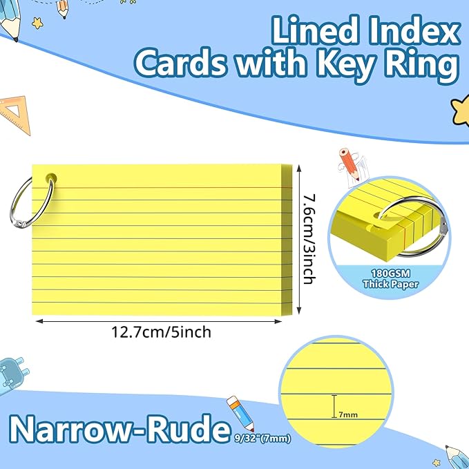 Ciphyfee Index Cards 3x5 Inch With Ring, 300 Count, Ruled Yellow Index Card, 180GSM Flash Cards College Ruled for Students, Teachers, Study Note Card for Office, Home, School, Office