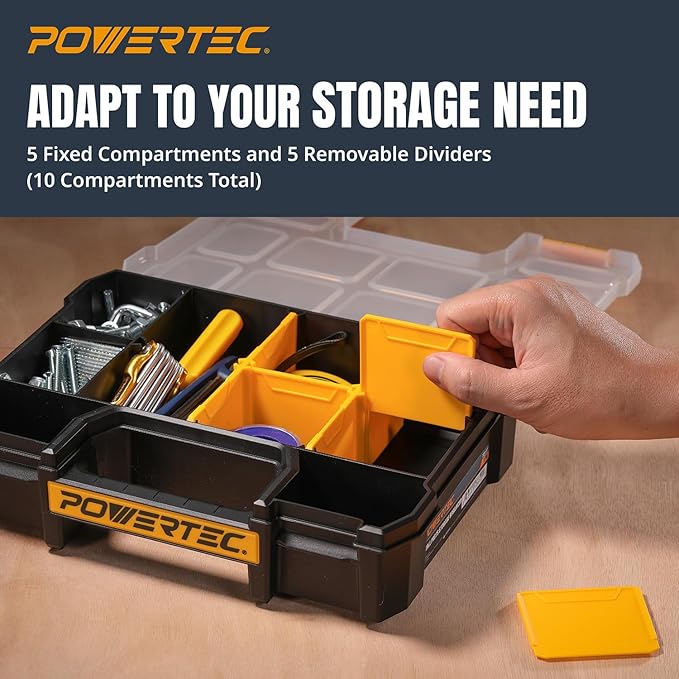 POWERTEC Small Parts Organizer & Tool Box – 10 Compartments, Stackable Storage with Removable Dividers, Clear Lid, Portable Design, 3-Pack (72117-P3)