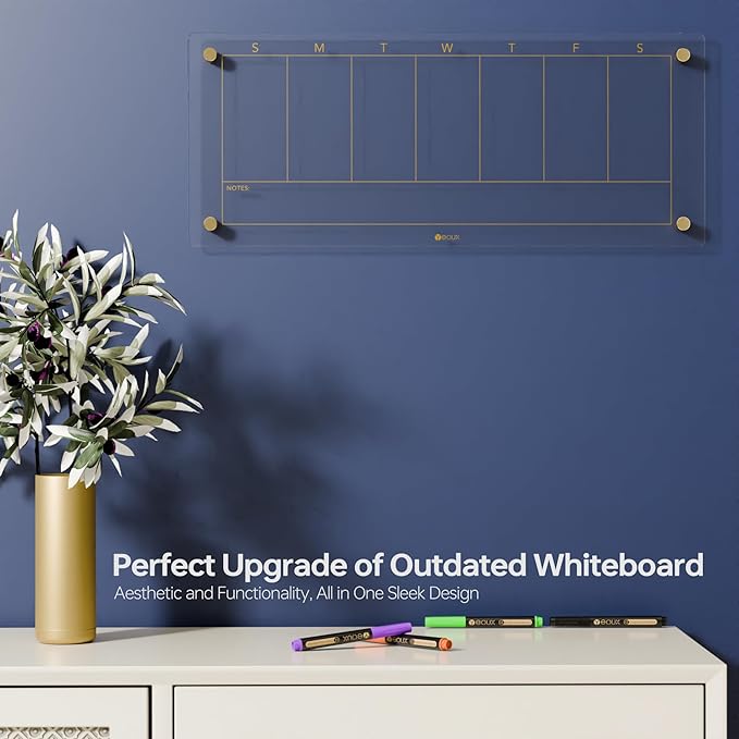 Clear Glass Weekly Dry Erase Calendar Non-Magnetic Whiteboard for Wall, 7 Day to Do List, Menu & Meal Planner White Board for Kitchen Home Office, 23x9.5, 4 Markers Included, Yeoux