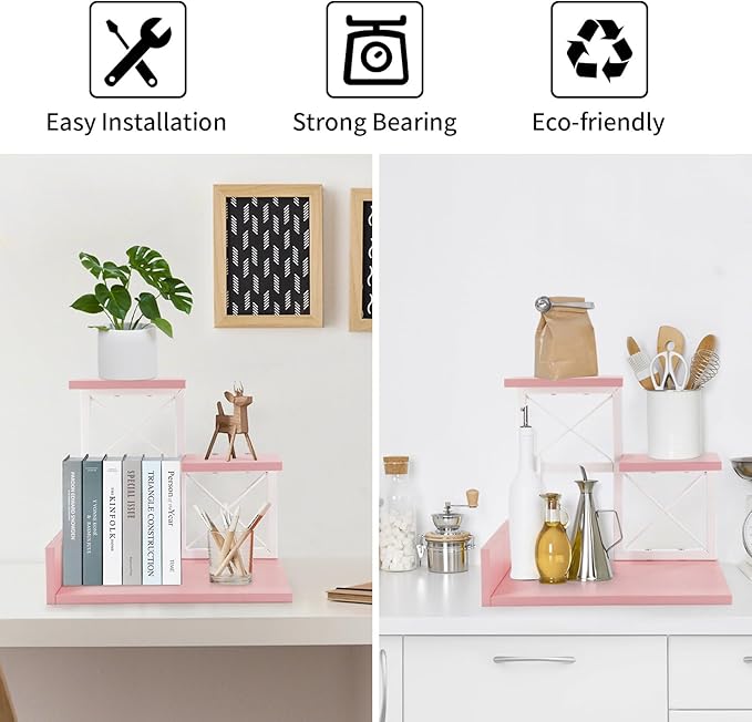 Jolitac Wood Desktop Shelf, Desktop Organizer Office Storage Rack Adjustable Wood Display Shelf 3 Tier Storage Display Rack Office Decor Stand Shelves with Metal Frame (Pink)