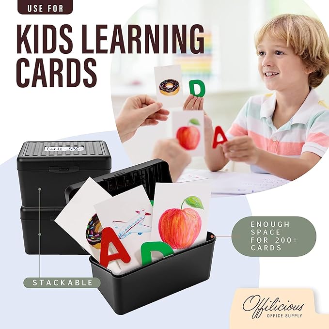 OFFILICIOUS Business Card Organizer 3x5 - Premium Index Card Holder Box for Flashcards, Notecards, Recipes - Recipe Box with Cards & Dividers, Labels, Stickers