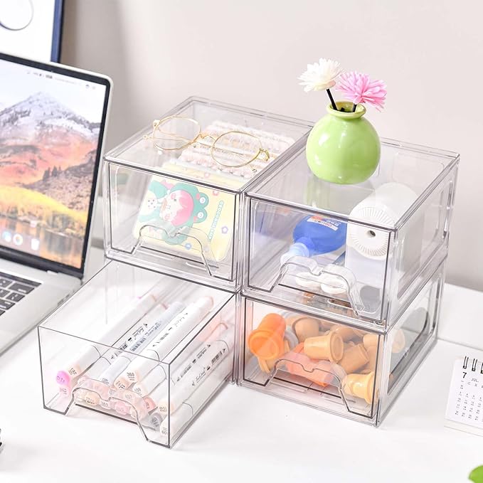 Stebopum 4 Pack Stackable Makeup Organizer, 4.4'' Tall Acrylic Bathroom Makeup Organizer and Storage Drawer with Pull-out Handle, Clear Plastic Storage Bins for Vanity,Pantry,Desk,Undersink,Kitchen