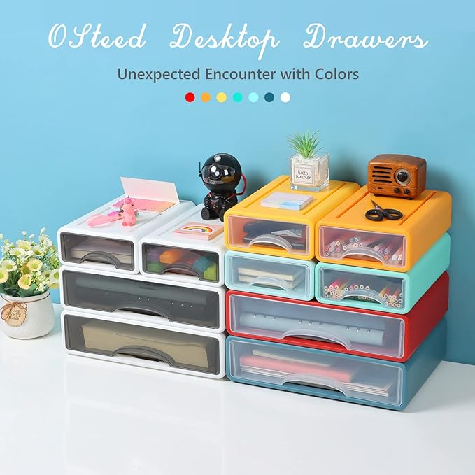 OSteed Desktop Drawers for Paper, Stackable Office Storage Drawers for Desk, Craft Organizer and Storage Bins, 4 Mixed Storage Container with Plastic Drawers for Office Supplies Desk accessories