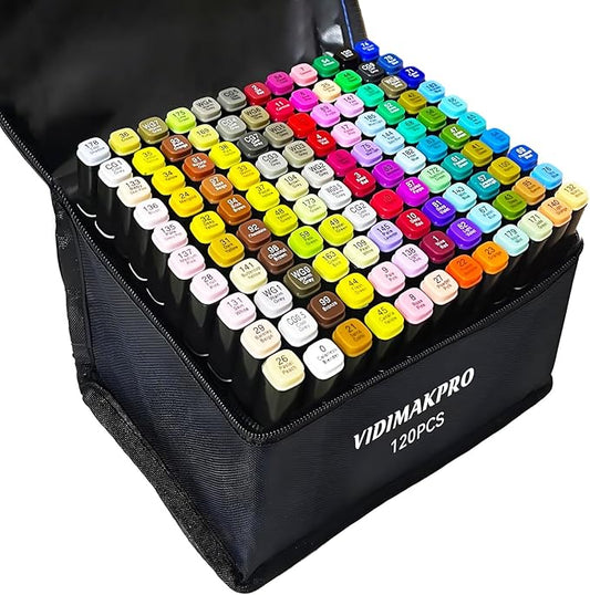 VIDIMAKPRO Alcohol Markers 120 Colors with Base Dual Tip Art Drawing Markers for Kids Students and Adults Comics Sketching Illustration - Refillable