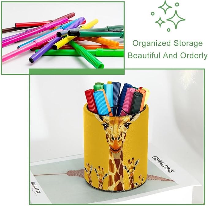 Leather Pen Holder for Desk, Cute Giraffe Pencil Cup Desktop Organizer Makeup Brush Holders Office Supplies for Home, Kids & School