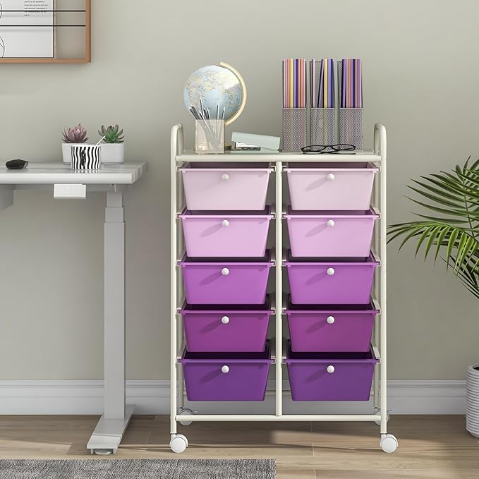 GLACER 10 Drawer Rolling Cart, Storage Cart with Lockable Whieels & Metal Frame, Trolley for Art Craft Oganizer, Mobile Utility Cart for Office, School, Classroom, Kitchen (Purple Gradient)
