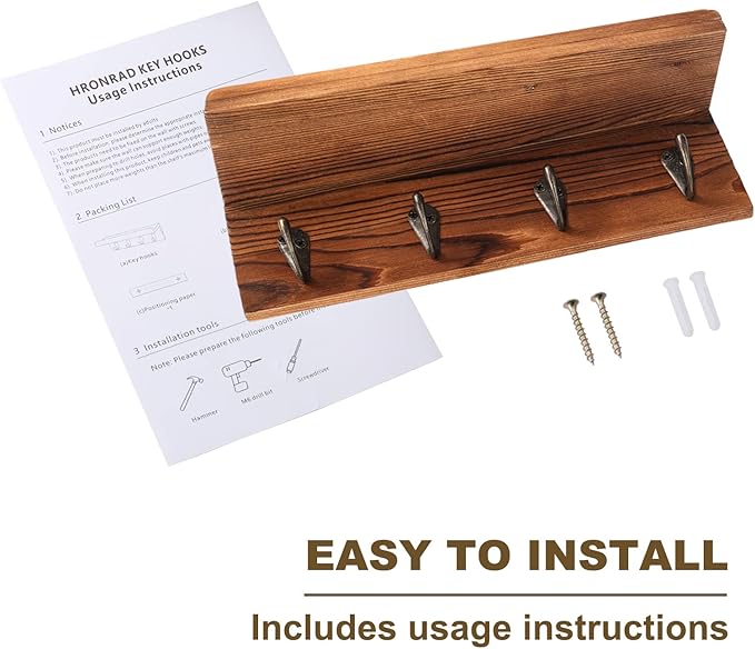 HRONRAD Rustic Key Holder for Wall, Farmhouse Wall Shelf with 4 Hooks, Wall Mounted Key Racks, Wooden Mail Organizer with Hooks for Entryway (Brown - Pine)