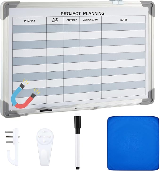 Lincia Project Planning Dry Erase Whiteboard Magnetic Dry Erase Board with Lines Sliding Marker Tray Aluminum Frame White Board Planner for Wall Project Scheduling Track Office Supplies(18"x12")
