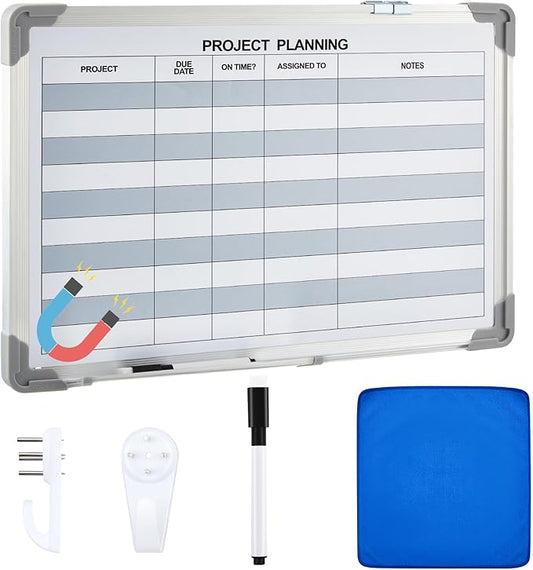 Lincia Project Planning Dry Erase Whiteboard Magnetic Dry Erase Board with Lines Sliding Marker Tray Aluminum Frame White Board Planner for Wall Project Scheduling Track Office Supplies(18"x12")