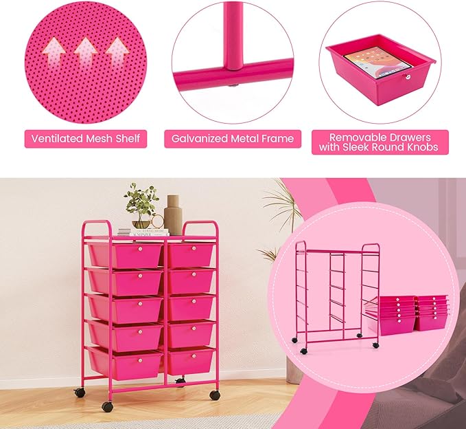 LDAILY 10 Drawer Rolling Cart, Storage Cart Organizer on Wheels, Drawer Cart with Metal Frame & Large Storage Capacity, Rolling Cart with Drawers for Living Room Classroom, Office