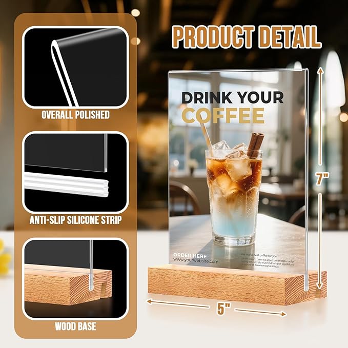 EthPul 16 Pack 5x7 Acrylic Sign Holder with Wood Base Vertical and Slant Displays, Clear Plastic Flyer Display Stand, Paper photo Table Menu Sign Frame Suitable for Restaurants, Office, Store, Hotels