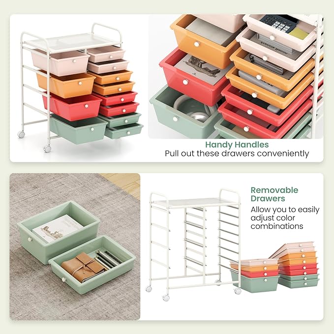 Giantex 12 Drawer Rolling Cart with Drawers, Storage Organizer Cart for Classroom Office School Teacher, Mobile Drawer Cart for Tools, Crafts, Small Printer, Macaron Multicolor