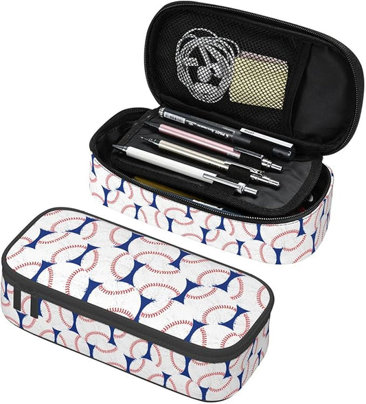 Baseball Blue White Ball Pencil Case Big Capacity Storage Pencil Pouch Stationery Bags With Zipper Portable Pen Holder Box Organizer For Boys Girls Teens Student College School Office Supplies