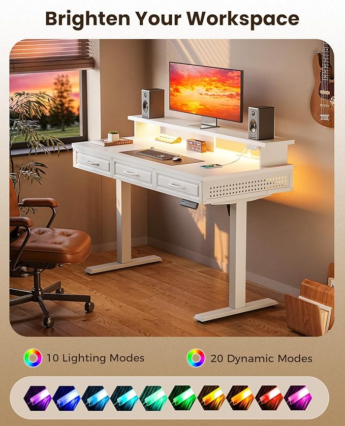 OffiGo Electric Standing Desk with 3 Wooden Drawers, 48 Inch Height Adjustable Desk with Power Outlets & LED Lights, White Sit Stand Table with Monitor Stand for Home, Office, Workstation
