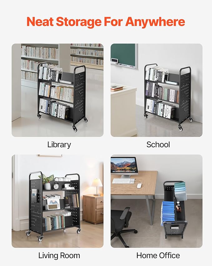 VEVOR Rolling Library Book Cart, 330 lbs Capacity, 38.2 x 20.3 x 48.2-Inch Library Cart, Double Sided W-Shaped Shelves with 3-Inch Lockable Wheels, Book Truck for Home Shelves Office and School, Black