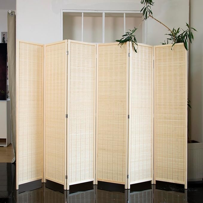 Loomveil 6 Panel Room Divider Folding Privacy Screen,67 inch Bamboo Panel Divider for Home Partition,Beige