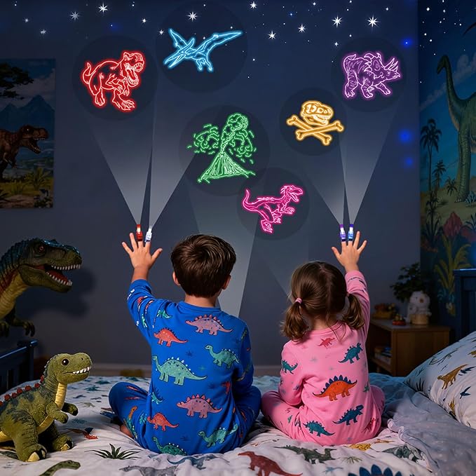 LovesTown 24PCS Dinosaur Party Favors, LED Light up Finger Lights Glow in The Dark Finger Flashlights for Birthday Party Decorations Goodie Bags Fillers Classroom Prizes
