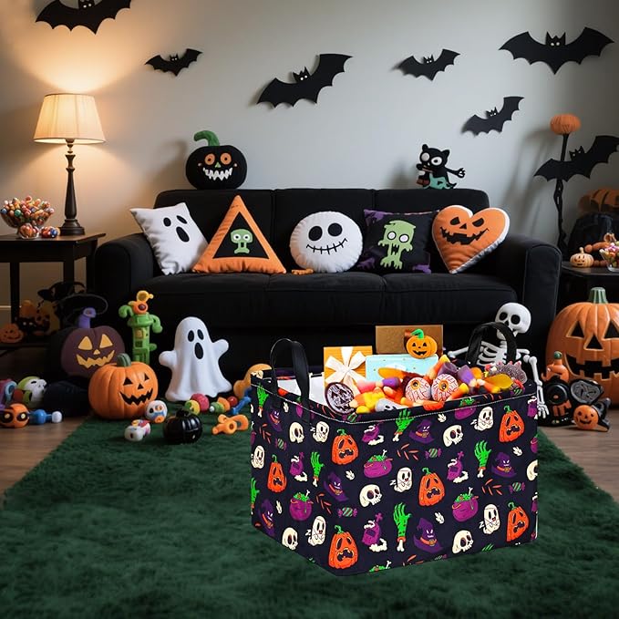 FUULOXE Halloween Ghost Storage Basket with Handles Pumpkin Open Gifts&Candy Spooky Basket stuffers for Kids Baby Collapsible Women Organizer Bins Toys Boxes for Shelves Home Office