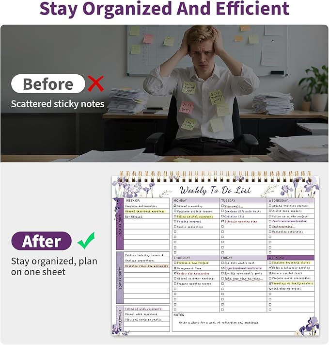 ALKALO 104 Pgs Weekly To Do List Notepad, 52 Duplex-Printed Undated Sheets 100 GSM（8.5"×11") Weekly Desk Planner For Work Home School Office Desk Accessories Supplies & Goal Setting Tasks - Purple Iris