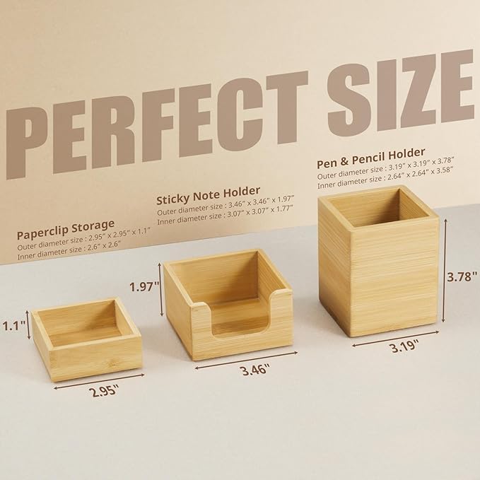 CMLKLZD Desk Organizer Set of 3 - Bamboo Office Desk Accessories - Desk Organizers and Accessories for Women Men - Set incl. Pencil Pen Holder, Paperclip Storage and Sticky Note Holder