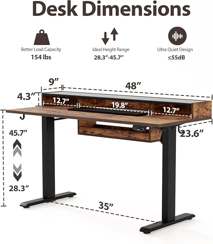 Agilestic Glass Standing Desk with Storage, 48 Inch Electric Adjustable Desk with Glass Shelf and Cable Management, Sit Stand Up Home Office Computer Table, Splice Board, Rustic Brown