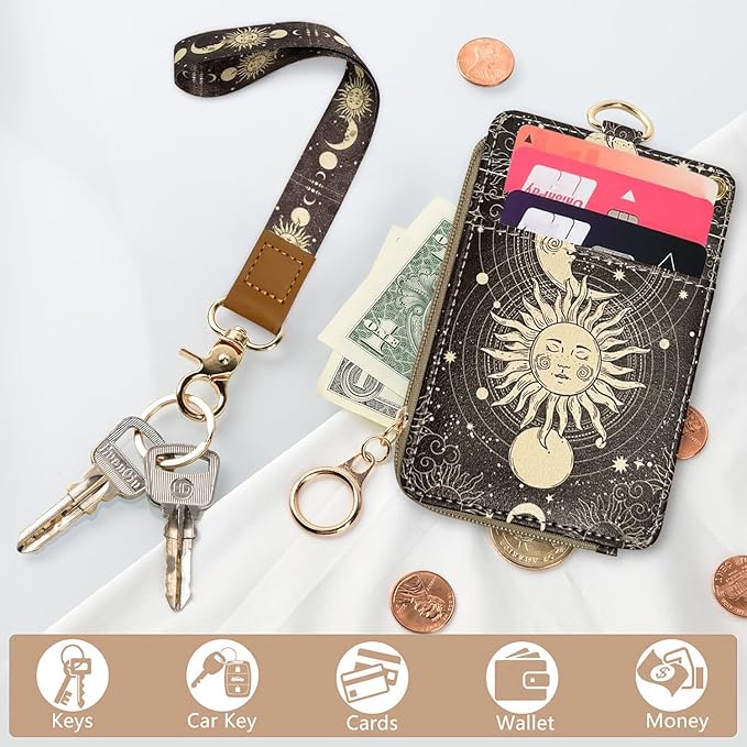 bolimoss Sun and Moon Lanyard Wallet, Boho Lanyard with Wallet,ID Badge Holder with Neck & Wristlet Lanyard, Pu Leather Zip Id Case Wallet with Breakaway Lanyard, Keychain Wallet for Women