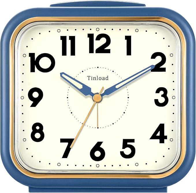 Tinload 5.5" Large Analog Alarm Clock • Silent Non Ticking • Gentle Wake • Beep Sounds • Increasing Volume • Battery Operated Snooze and Manual Light • Retro Blue