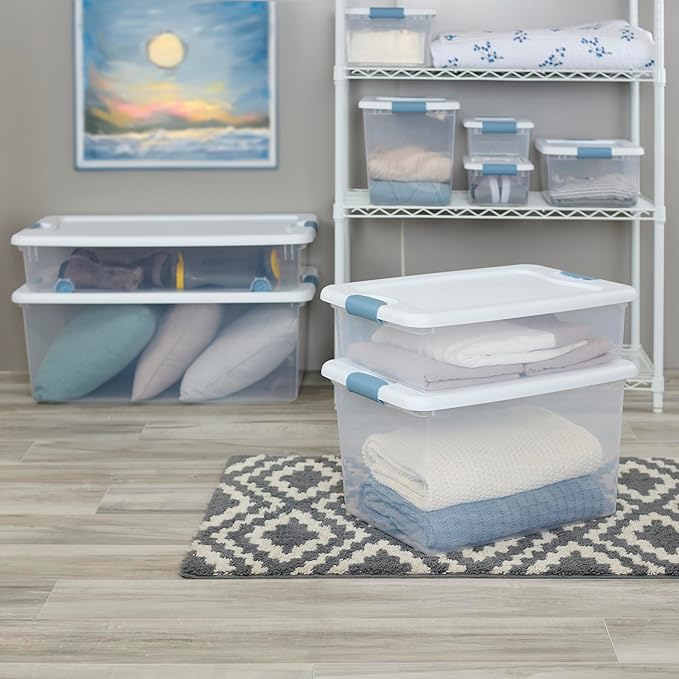 Sterilite 24-Pack Latching Box, Under Bed Storage Bins with Lids, Clear Plastic, 32 Quart - Heavy-Duty Organizing Containers for Closet, Bathroom, and Office