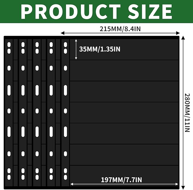 5 Sheets 10 Pages Postage Stamp Album Pages, 7 Pockets 7.7x 1.35in Stamp Collection Inserts, 9 Hole Standard Stamp Collecting Album Sleeves for Stamp Collection Binder IS010710