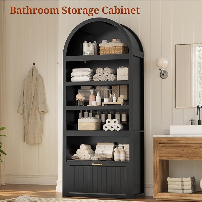 81" Tall Arched Cabinets,Bookcase with Drawer storage,Mid-Century Modern 5-Tier Bookshelf,2 Book Risers and Adjustable Shelves offering more storage space for Living Room,Kitchen,Home Office,Black