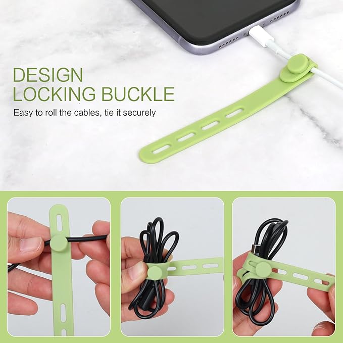 Donruby 24Pcs Silicone Cable Ties - Reusable & Washable with Locking Buckles, Adjustable Fastening Cable Management Straps, Multi-Purpose High Elasticity Cord Organizer (Matcha Green)