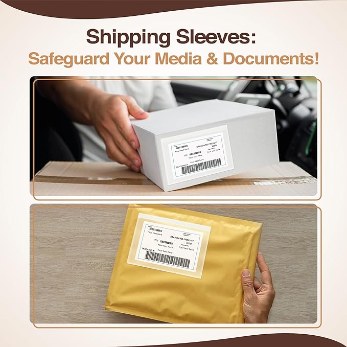 7x10 Shipping Label Sleeves 200 Pack- Strong Adhesive Back for Secure Package Labelling, Protects Documents with Packing Slip Pouches -Packing Sleeves for Mailing and Packaging -WaterProof and Durable