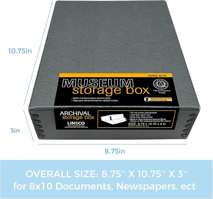 Lineco Museum Archival Storage Box, 8.75x10.75x3 in. Drop Front Design. Acid-Free with Metal Edge. Organize Photos, Pictures, Prints, Documents, Crafts, DIY. Gray, 1 Pack