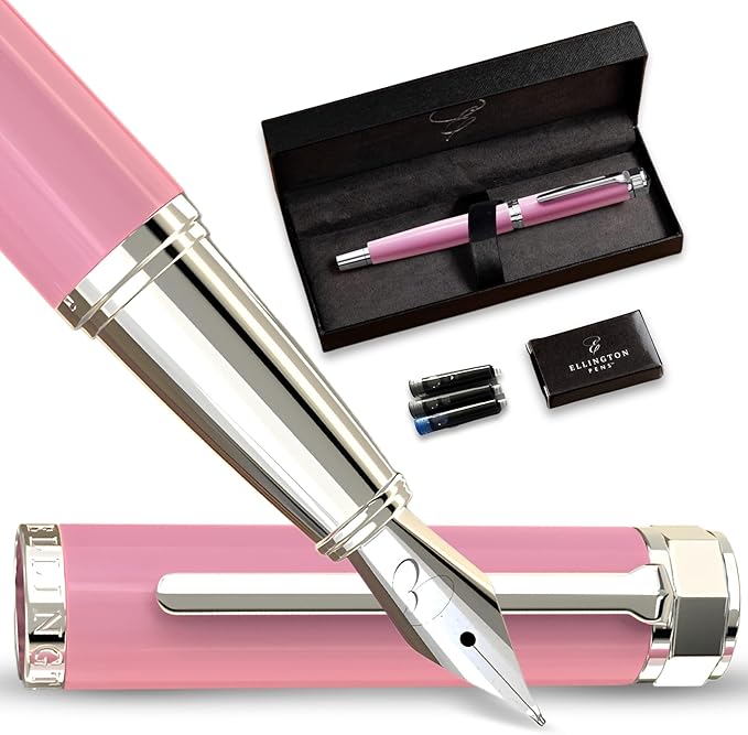 Ellington Pens Luxury Fountain Pen Set - Smooth Fine Nib - Includes 3 Ink Cartridges, Refillable Ink Converter, Gift Box - Fountain Pens For Writing, Calligraphy, Journaling, Sketching (Rosy Flair)