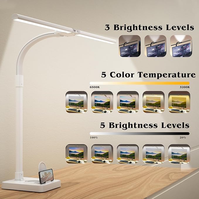 AKRRYR Led Desk Lamp for Home Office,24W Bright Eye-Caring Desk Light with Base,5 Brightness and 5 temperatures Dimmable Workbench Task Light, Adjustable Gooseneck Table Lamp for Monitor(White)